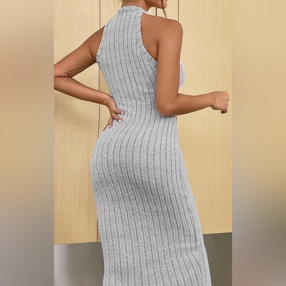 NWT Womens Gray Halter Ribbed Bodycon Sweater Midi Dress - Picture 8 of 17